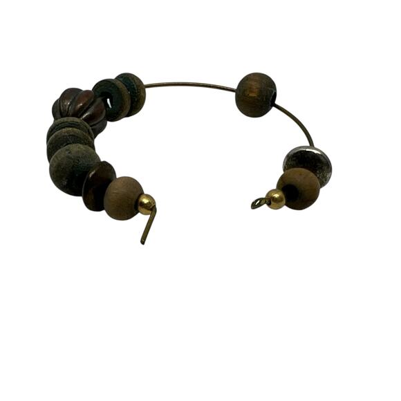 Bohemian Natural Wooden Bead Hoop Earrings Brass Accent Tribal Ethnic Statement - Picture 2 of 4